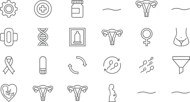 Reproductive health icon set featuring gynecology maternity pregnancy fetal development contraception and female wellness symbols in clean linear style.