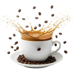 Coffee Splash in White Cup with Roasted Coffee Beans on Transparent Background