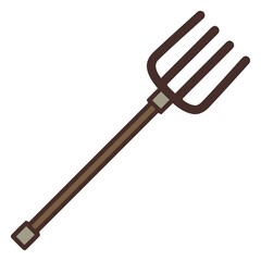 Naklejka premium Simple flat illustration of a garden pitchfork or farm fork with a wooden handle and four metal tines, isolated on white.