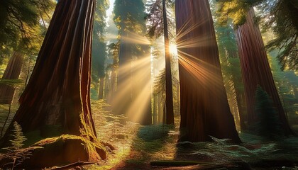 cathedral of giants golden sunbeams illuminate a majestic redwood forest