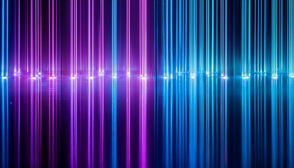 bright vertical neon light illuminates a reflective surface creating vibrant purple and blue abstract reflections