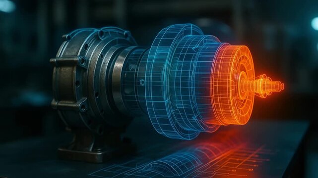 Industrial Motor Cutaway With Digital Energy Core And Performance Analysis