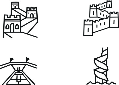 Medieval castle and fortification architectural elements illustrations