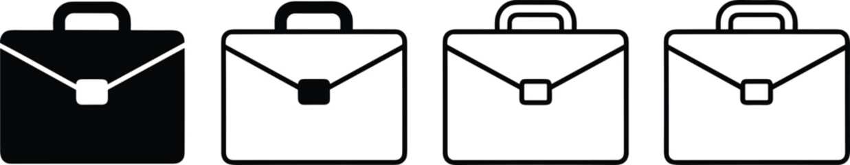 Fototapeta premium Professional briefcase icon set featuring business attaché case symbols in solid and linear styles for corporate office branding.