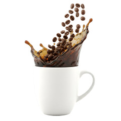 Coffee Splash in White Cup with Roasted Coffee Beans on Transparent Background