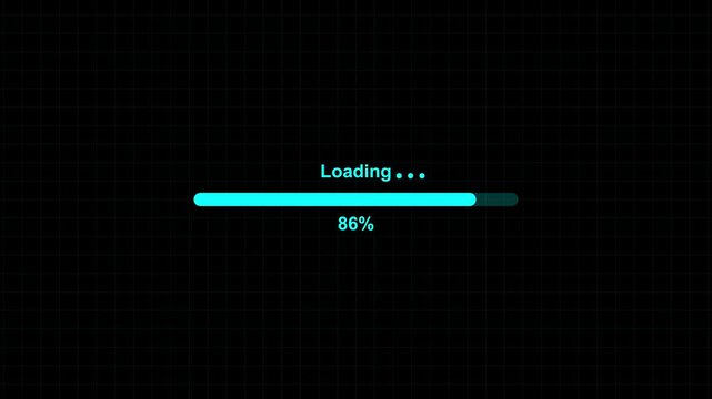 Loading animation with progress bar 0 to 100 percent on black background digital loading screen buffering