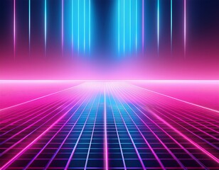 vibrant neon gradient background transitioning from pink to blue with a glowing retro grid floor