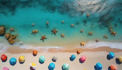 aerial beach scene starfish in turquoise water colorful umbrellas on sand