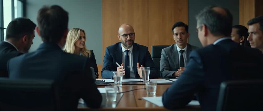 Business professionals in a corporate meeting room engage in animated discussion, with a slow cinematic pan capturing diverse expressions and gestures, while ambient light subtly shifts.