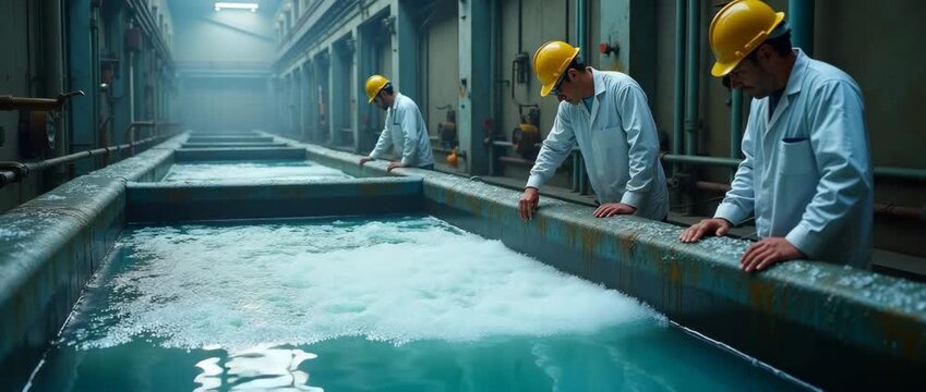Engineers in hard hats inspect industrial water treatment tanks, with gentle ambient light flicker and a slow pan across the facility, creating a cinematic and professional atmosphere.