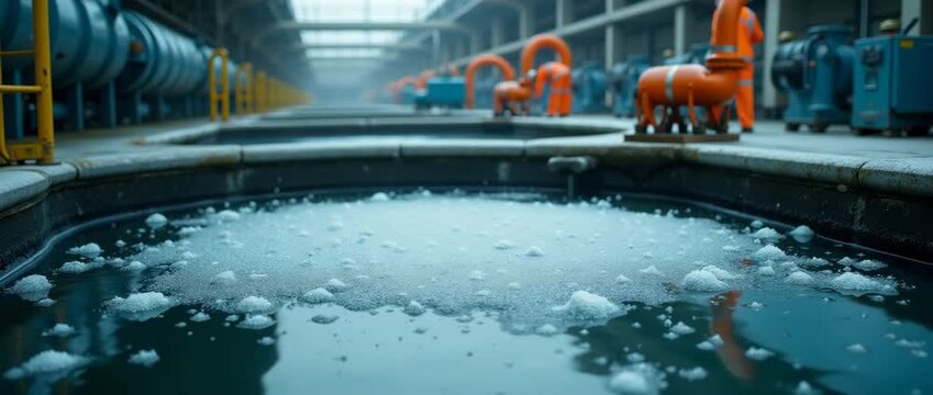 Industrial water treatment plant with engineers in motion, captured in a cinematic style; camera slowly pans as bubbles rise and machinery hums, highlighting efficient operations.