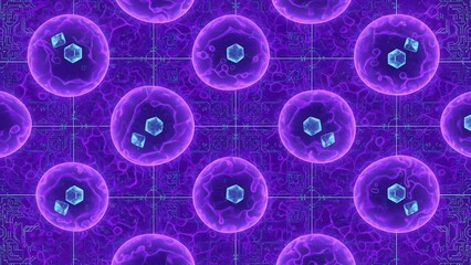 Seamless pattern of glowing purple microscopic cells containing geometric blue crystals representing quantum data storage