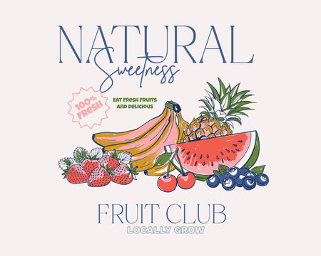 hand drawing fruit illustration. Mix fruit design. t shirt print, Always fresh fruits graphic print design. Fruit market artwork.  poster, Embroidery. summer fruit print art. 