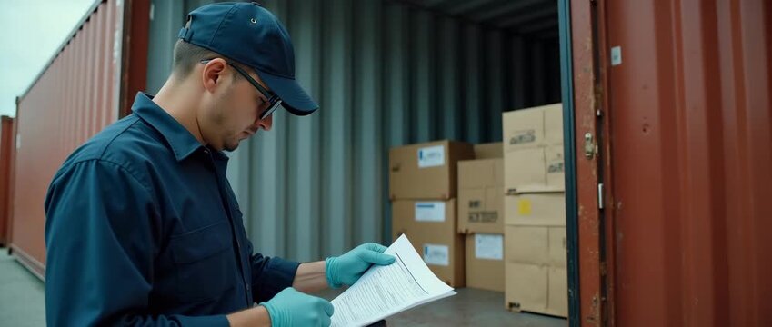 Warehouse worker inspects cargo in shipping container, slow pan reveals stacked boxes, ambient light flickers gently, cinematic realism highlights logistics, supply chain efficiency.