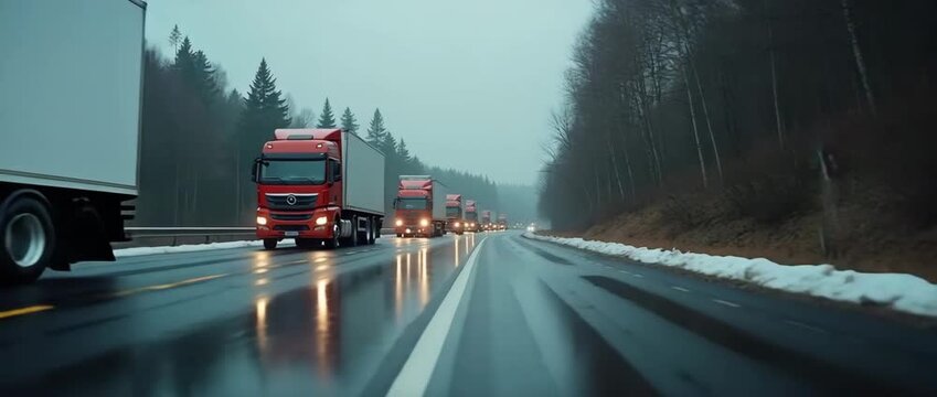 Red trucks drive steadily on a wet highway through a misty forest; the camera pans smoothly, capturing the serene, cinematic ambiance of winter transport logistics.