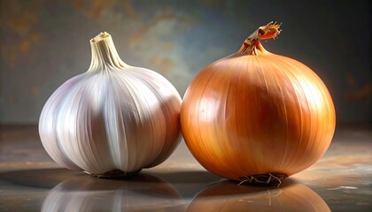 Still life of a whole garlic bulb and a yellow onion on a reflective surface.