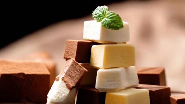 Stacked chocolate candies with a mint leaf garnish close up composition