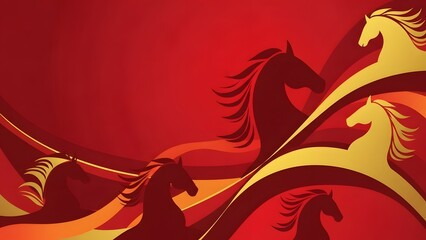 Stylized horses in motion against a red and gold background illustration