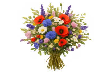 Wildflower bouquet featuring vibrant poppies, cornflowers, and daisies, celebrating summer nature on transparent background
