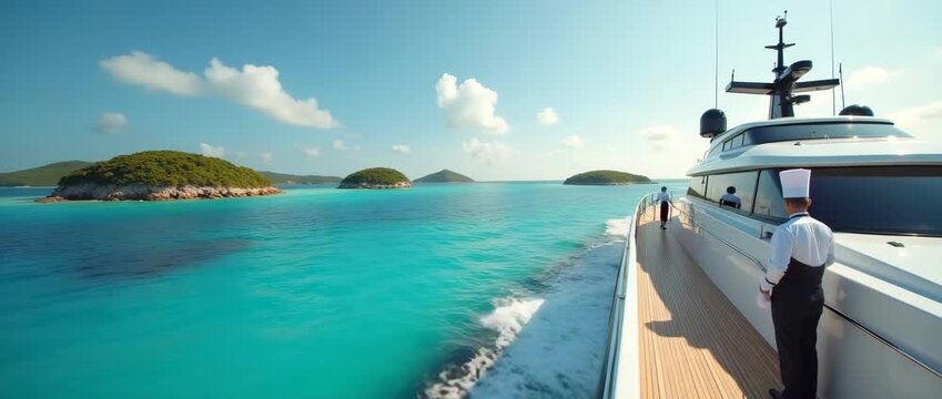 Ultra luxury superyacht cruising along turquoise archipelago with private chef and butler service on deck under clear tropical sky in  Photo Stock  Concept  and empty space on the left side