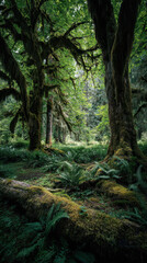 Fototapeta premium Hoh Rain Forest Lush Landscape in Olympic National Park Washington, Hiking through Ancient Mossy Trees and Ferns, Pacific Northwest Nature Adventure and Forest Travel Scenery