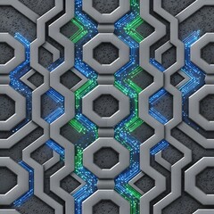 Abstract futuristic circuit board pattern with blue and green glowing neon digital data paths on metal background
