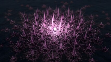 Purple glowing crystal spikes forming geometric organic patterns with bright central light source on dark surface