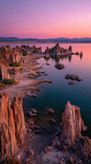 Aerial View of Mono Lake Tufa Formations in California, Drone Photography of Pink Sunset Over Sierra Nevada Mountains, Hiking and Travel Adventure in Eastern California Landscape