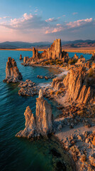 Aerial View of Mono Lake Tufa Formations in California, Drone Photography of Sunset Over Sierra Nevada Mountains, Hiking and Travel Adventure in Eastern California Landscape