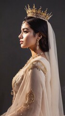 A young Middle Eastern woman wears a golden crown and elegant attire, embodying the spirit of Purim. The scene reflects Jewish cultural traditions and festive celebrations.