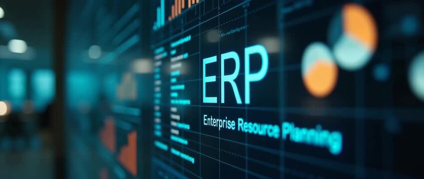 Dynamic digital interface with ERP data visualizations animating across a futuristic screen, while the camera glides smoothly, capturing the vibrant, cinematic glow of a modern office environment.