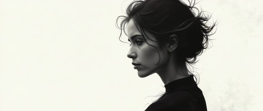 Profile of a contemplative woman with hair gently swaying in a delicate watercolor style; camera pans slowly across a minimalist backdrop as ambient shadows subtly shift.