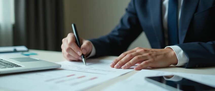Professional businessman signing documents at a desk, slow camera pan capturing focused hand movements, soft ambient lighting flickers, cinematic and corporate style.