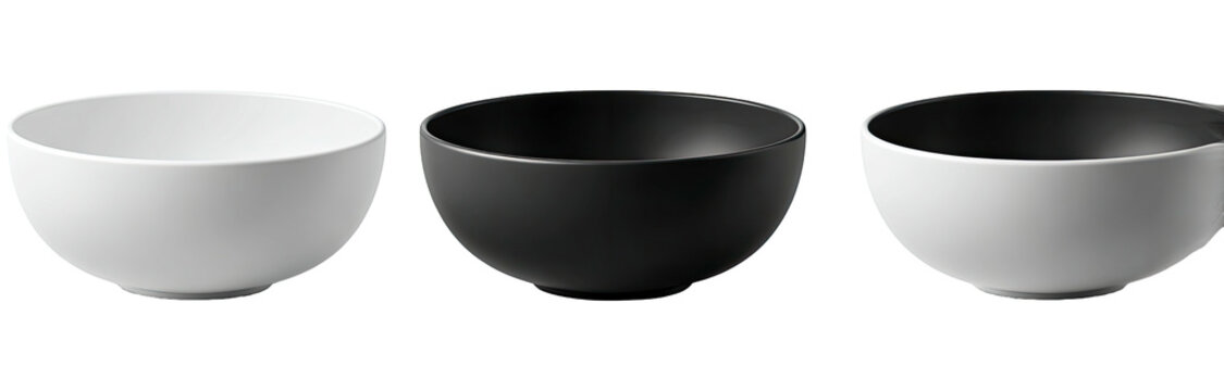 Three minimalist ceramic bowls in varying shades, arranged side by side against a black background