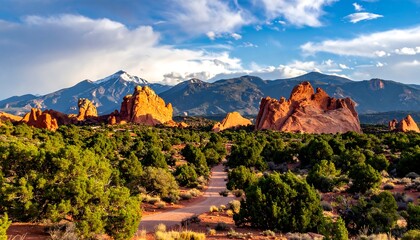Vibrant Desert Landscape with Red Rock Formations and Snow-Capped Mountains Under a Dramatic Sky.