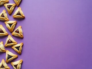 A collection of hamantaschen pastries arranged on a purple background. These traditional Jewish cookies are triangular and filled with fruit preserves, symbolizing Purim celebrations.