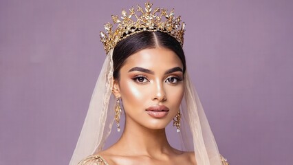 A young Middle Eastern woman with long dark hair wears a golden crown and elegant attire. She has a serene expression, embodying the spirit of Purim celebrations.