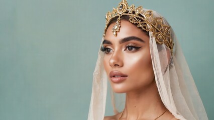 A young Middle Eastern woman with long dark hair wears a golden crown and a sheer veil. She has a soft makeup look, embodying festive elegance for Purim celebrations.