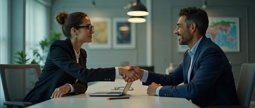 Business professionals shake hands across a modern office table, sealing a deal with smiles; camera slowly pans as ambient light flickers softly, capturing a cinematic, collaborative atmosphere.