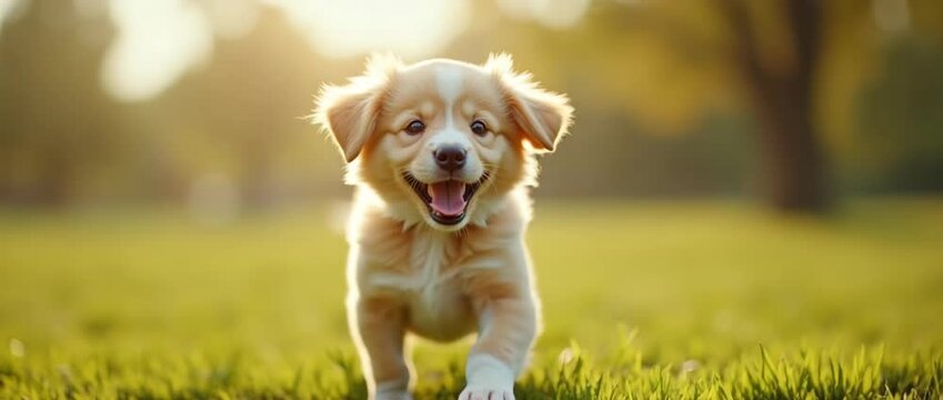 Playful puppy joyfully runs across a sunlit meadow, camera gently tracking, as soft breeze sways grass and trees, in a warm, cinematic style perfect for heartwarming pet-themed content.
