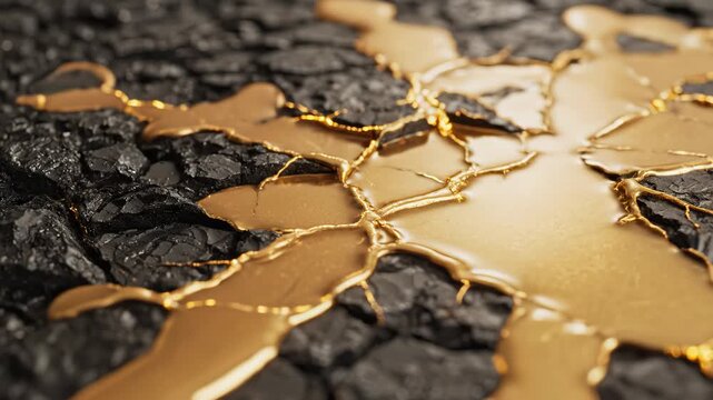 Golden liquid pouring onto cracked surface