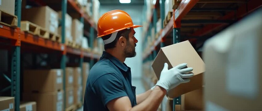 Warehouse worker efficiently stacks boxes on shelves, with a slow pan capturing the organized aisle and gentle ambient lighting, in a cinematic, industrial style.