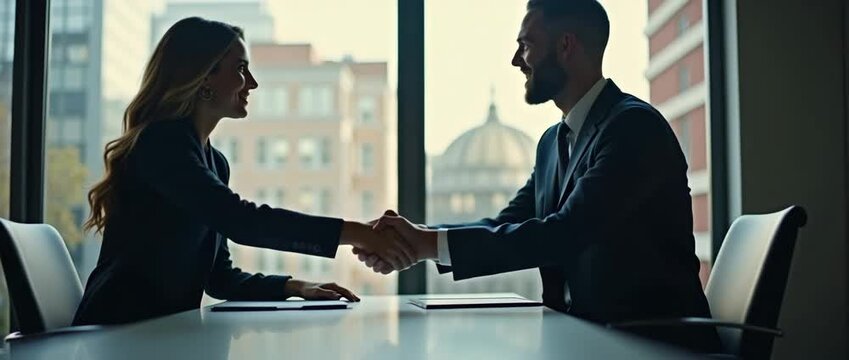Business professionals shake hands in a modern office, with gentle ambient light flicker; the camera slowly pans to reveal a sleek, contemporary setting, creating a cinematic, collaborative atmosphere