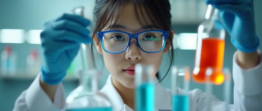 Young scientist in a laboratory conducts experiments with colorful liquids, while the camera slowly pans, capturing her focused movements and the ambient hum of scientific equipment in a cinematic sty
