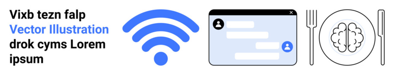 Obraz premium Technology, communication, cognitive thinking, digital services, online learning, innovation. wireless signal, chat interface brain plate with fork and knife. Technology and communication concept