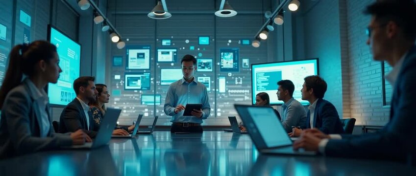 Innovative business meeting in a modern conference room, leader presenting with digital screens flickering; dynamic camera pans across attentive team, capturing cinematic corporate strategy atmosphere
