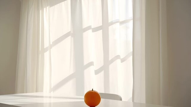 清潔なテーブルに一粒の柑橘をオフセンターで配置したワイド映像。
窓からの柔らかな自然光が穏やかな陰影を作る。