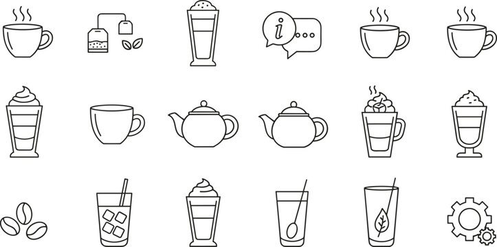 Large coffee and tea icon set featuring mugs teapots lattes iced drinks beans and service symbols for cafe menus.