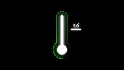 Digital thermometer with a bright green neon outline fifty degrees on a solid black background signifying extreme heat or a serious fever condition