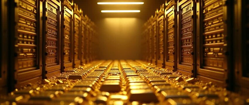 An aerial view of a central banks gold reserves vault; creates a striking visual with negative space for showcasing financial texts or advertisements.